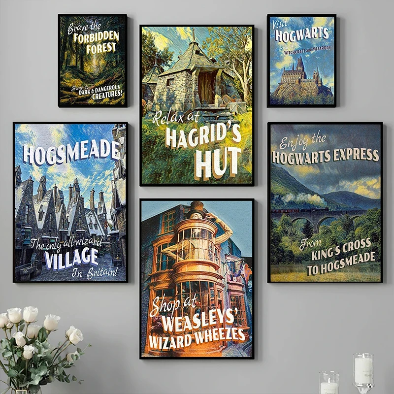 Vintage Magic Castle Retro Poster Train Travel Tourism Wizard Witch Canvas Painting And Print Movie Cover Wall Room Home Decor