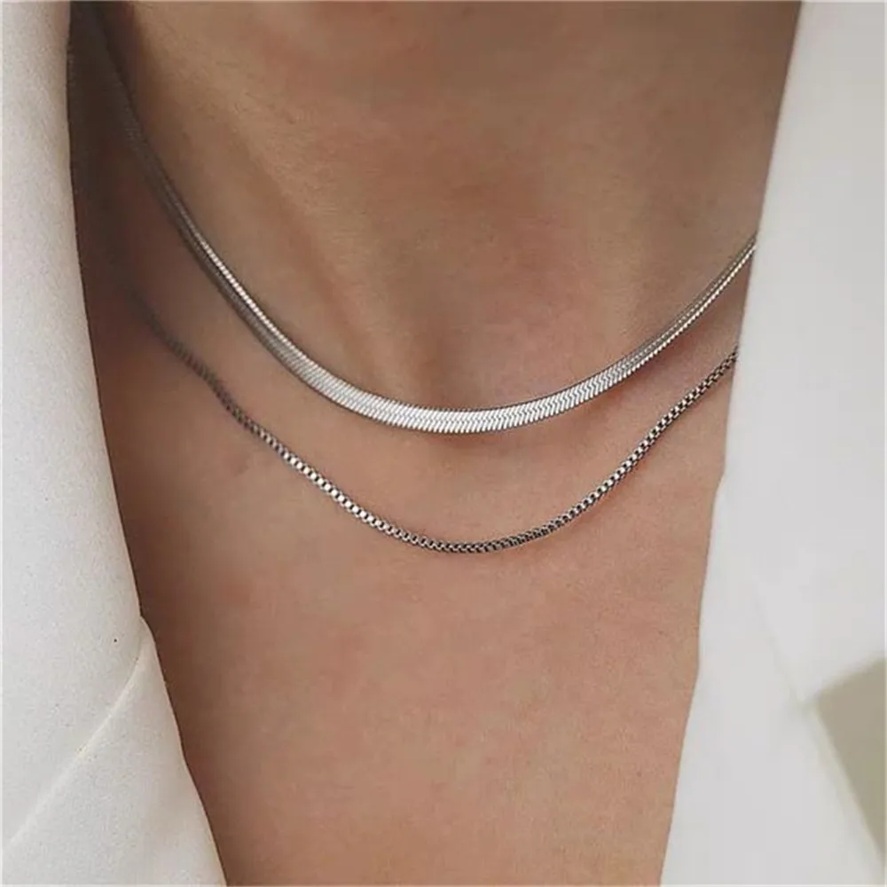 Vintage Layered Flat Snake Chain Herringbone Necklace for Women Simple Gold Color Metal Clavicle Chain Necklaces Party Jewelry