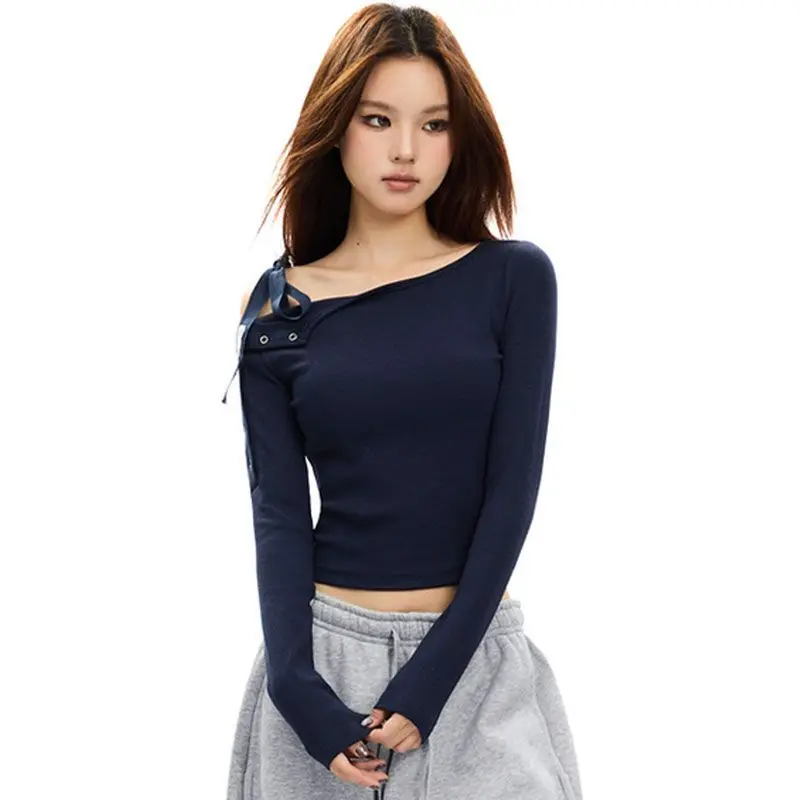 American style spicy girl solid color slim fit women's long sleeved t-shirt autumn Harajuku spicy girl shoulder strap design top