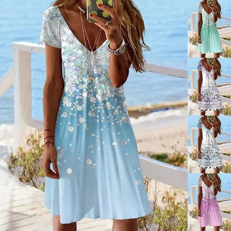 2024 Nowa sukienka damska z krótkim rękawem Letnia sukienka Pullover Fashion Plus-Size Casual Loose V-Neck Ladies Summer Print Party Dress