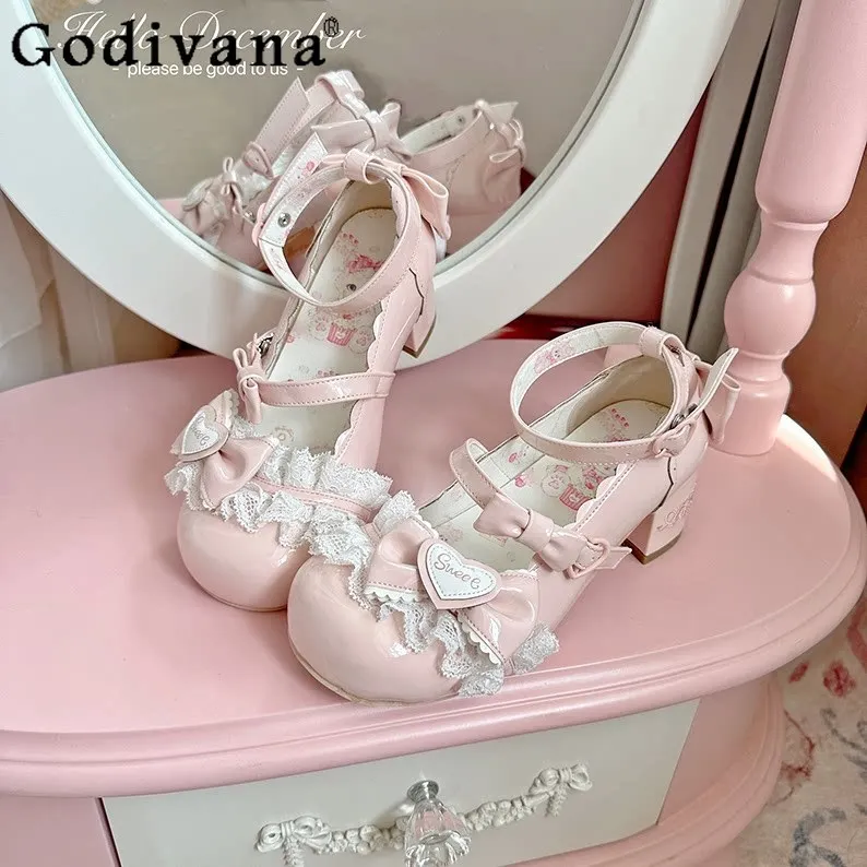 

Original Sweet Lolita Pink Mary Jane Shoes Spring and Summer Princess Lo Shoes Japanese Girl's Woman's Bow Lace Mid Heel Pumps