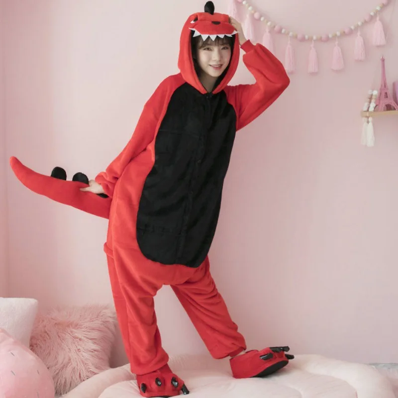 Red Dinosaur Beast Jumpsuit Night-clothes Mature Trendy Individual Endearing Comfortable Cold-proof Fluffy Women's Home Wear