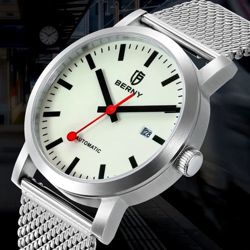 Imagen 2 del producto Reloj BERNY automático para hombre, marca superior, luminoso, acero inoxidable 316L, reloj de pulsera de zafiro con cuerda automática, correa de malla, reloj mecánico para hombre