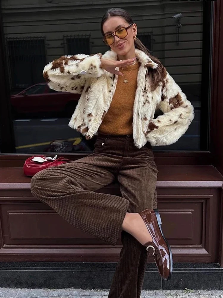 Manteau en fausse fourrure imprimé pour femmes Manteau à revers élégant Manteau à manches longues Manteau épais pour l'hiver Manteau chaud pour la rue haute