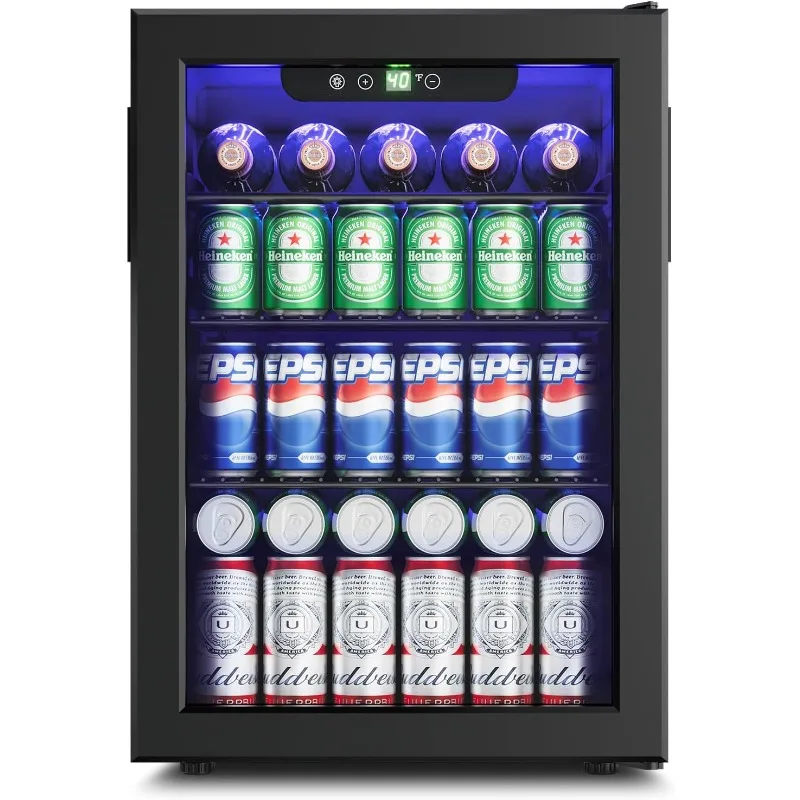2.6 Cu.Ft Beverage Refrigerator Cooler - 95 Can Mini Fridge Glass Door for Soda Beer Wine, Small Refrigerator for Bedroom Office