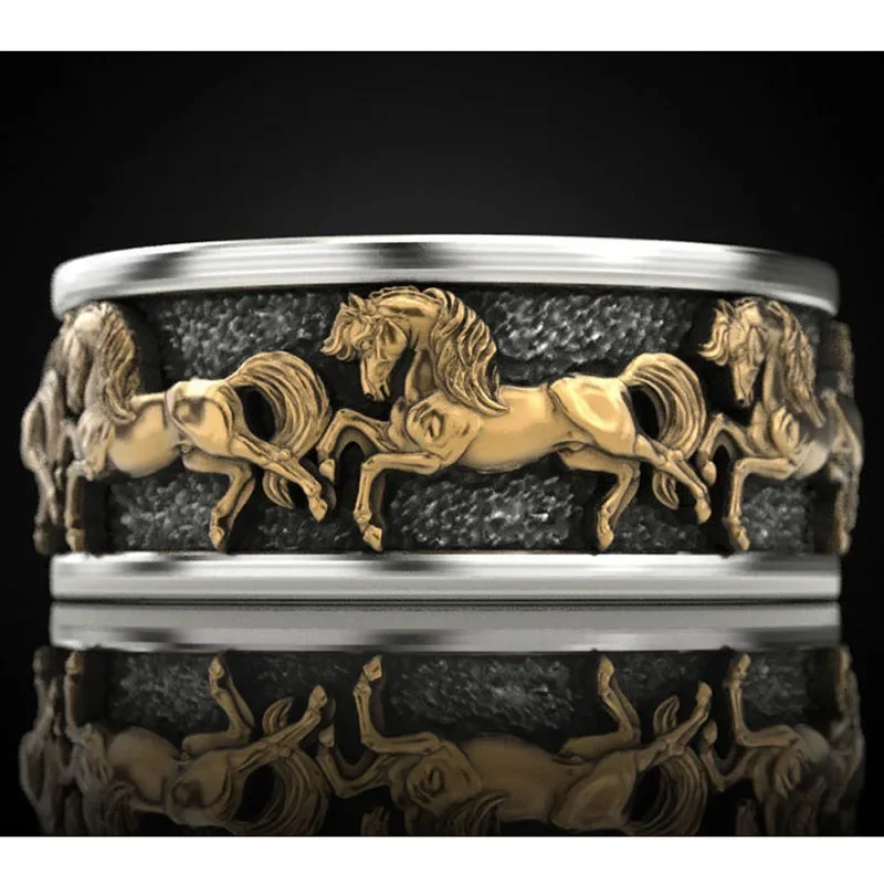 

6.5g 3D Horses Beasts Art Relief Rings 925 Solid Sterling Silver Rings Street Fashion Punk Style