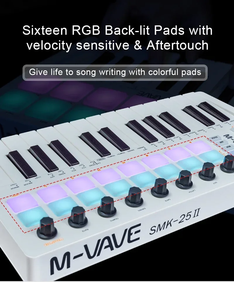 M-VAVE SMK-25 II MIDI Pad Controller Keyboard USB Mini 25 Key 16 RGB Drum Pads 8 Knobs Music Production Software Included