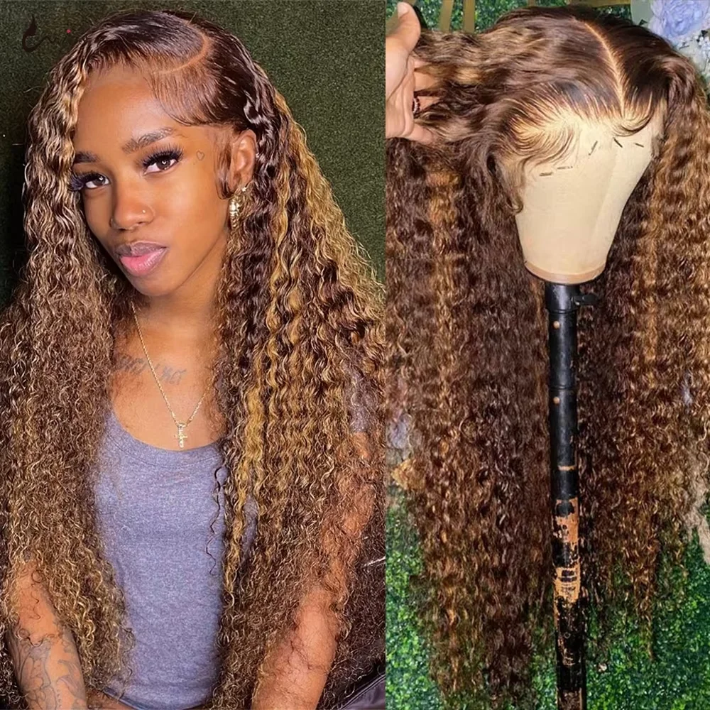 

220% Highlight Ombre 13x4 7x5 Lace Front Deep Wave Wig Pre Bleached Knots 4/27 Brown Colored Curly Water Wave 4/27 Glueless Wigs