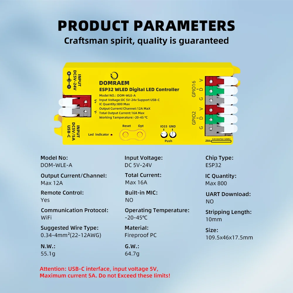 DOMRAEM ESP32 USB-C WLED Digitaler LED-Controller RGB IC DIY APP 16A Sicherung Funktioniert mit HA/MQTT/Alexa WS2811/12/12B/14/05 Sk6812 Streifen – Detail 4