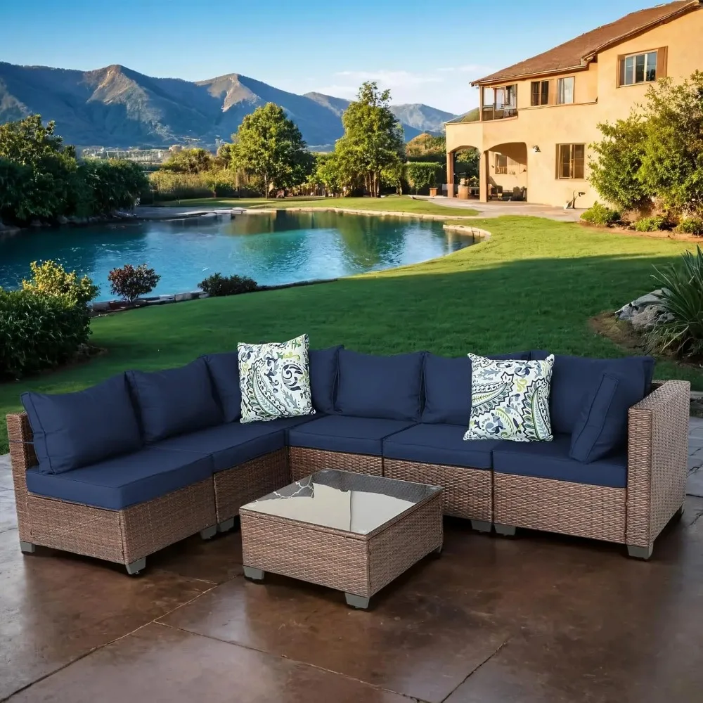 Patio Furniture Set 7 Pieces Wicker Outdoor Patio Conversation Set Sectional Sofa Couch Chairs Coffee Table Anti-Slip Cushions