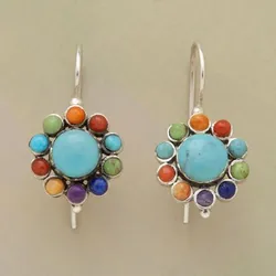 New Boho Vintage Silver Color Multicolor Stone Round Earrings Ethnic Personality Drop Earrings for Women