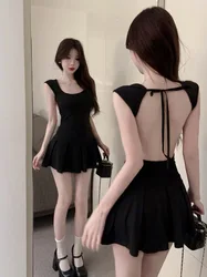 Fashion Sexy Backless Lace Up Black Dresses Y2k E-Girl Slim Waist Dress for Women 2024 Summer New A-line Vestidos Mujer