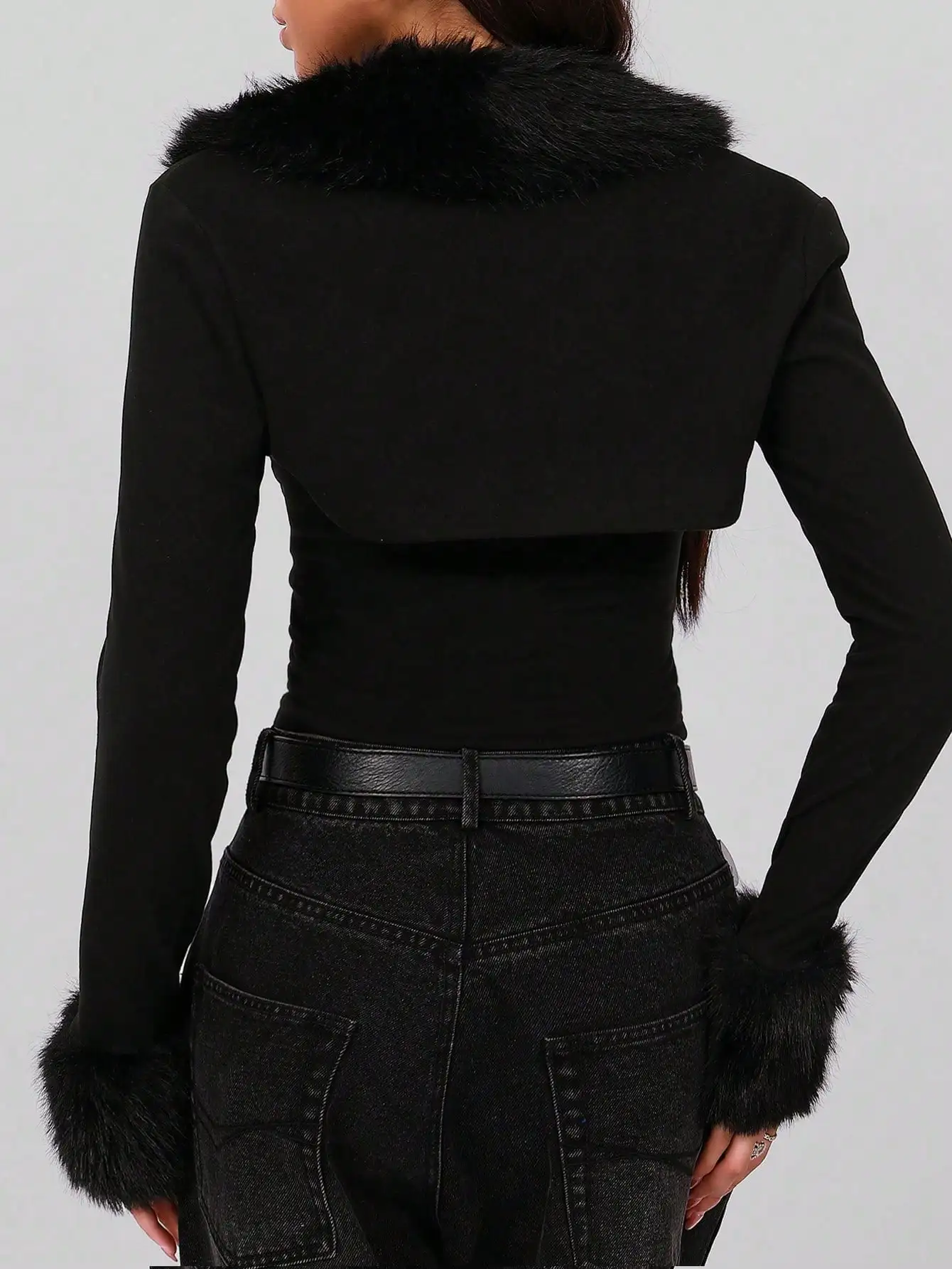 여성용 인조 모피 칼라 탑 & 오픈 프론트 재킷 세트 2개, 섹시한 야외 활동복