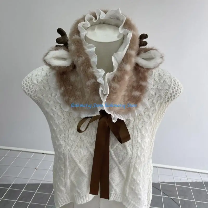573B Holiday Reindeer Plush Headwear Scarf For Women Children Cold Weather Headpiece