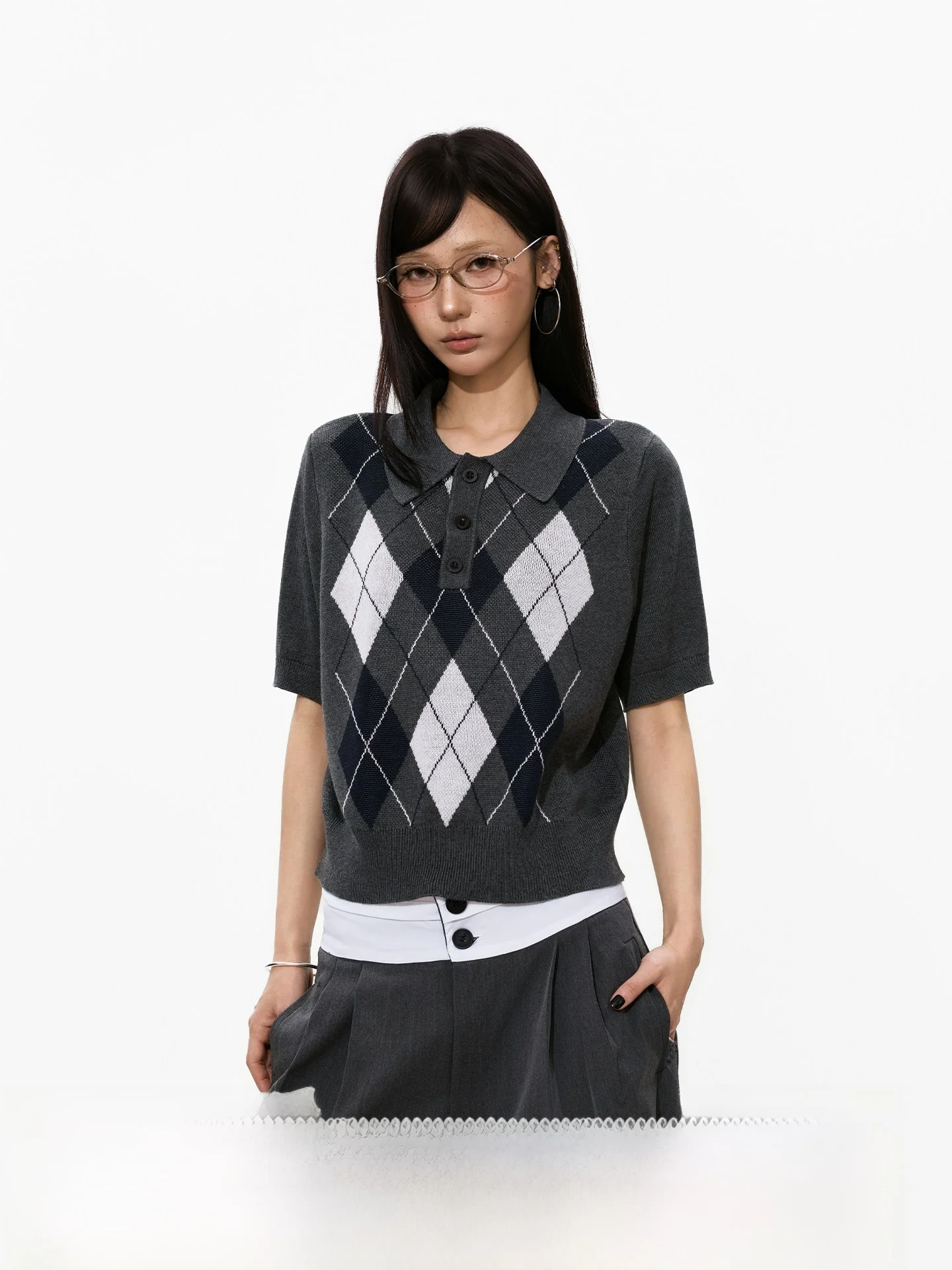 

S3T5 Diamond Grid Collar Knitted Shirt Short Sleeve Unisex Summer Casual Comfortable Breathable Lyocell Fiber T-Shirt fo...