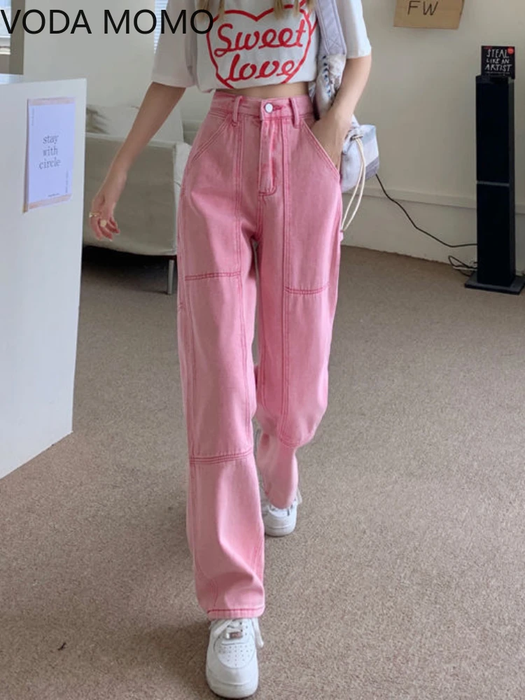 spring 2022 womens fashion high waist Women's Wide leg jeans baggy woman denim capris Pants jean mom jeans trousers pink