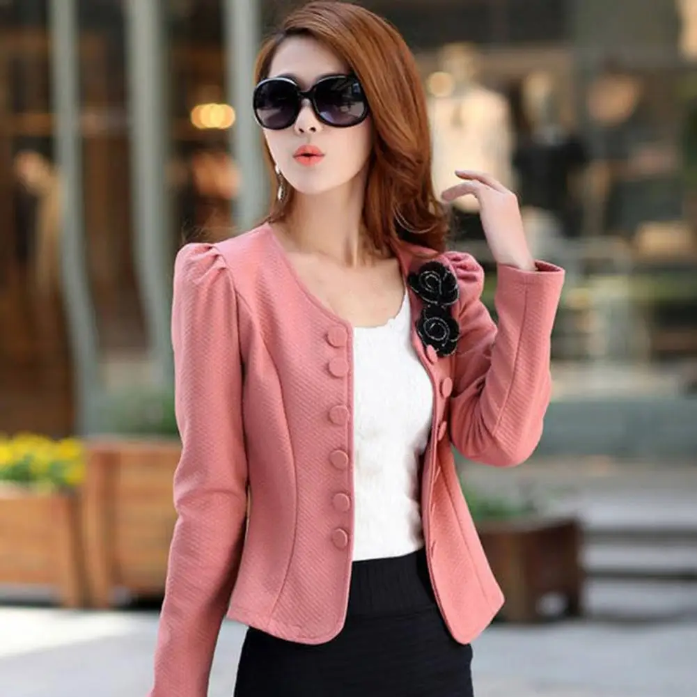 Women Blazer Button Long Sleeves Flower Collarless Pleated Slim Fit Lady Blazer Keep Warm Casual Slim Fit Formal Autumn Coat