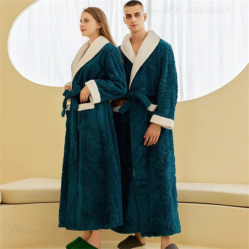 Couple Thick Flannel Robe Autumn Winter Luxury Kimono Bathrobe Gown Loose Casual Sleepwear Home Clothes Coral Fleece Lounge Wear