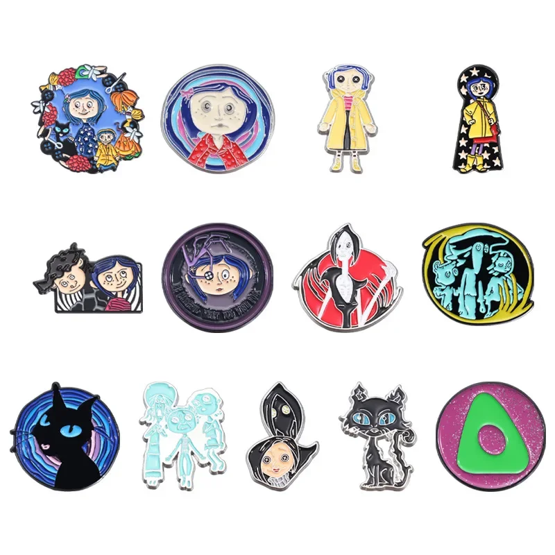 

1 Set Coraline Enamel Pins Animation Movie Cartoon Yellow Raincoat Doll Brooches Lapel Badge Halloween Jewelry Gifts for Kids