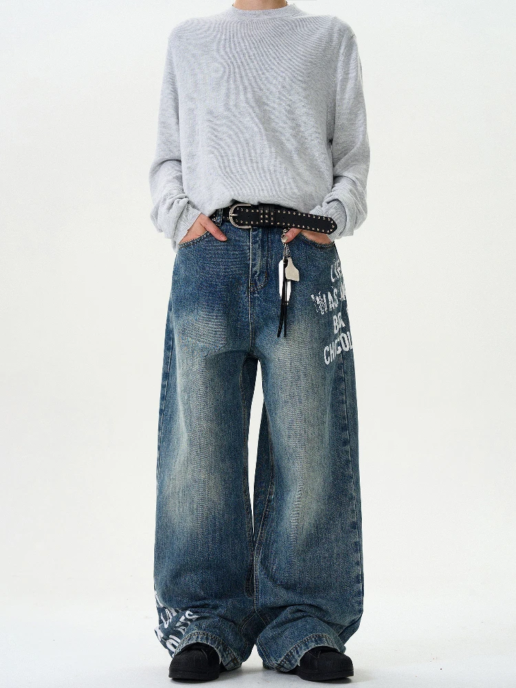 

Американские ретро-джинсы с принтом, свободные прямые брюки в пол для мужчин и женщин