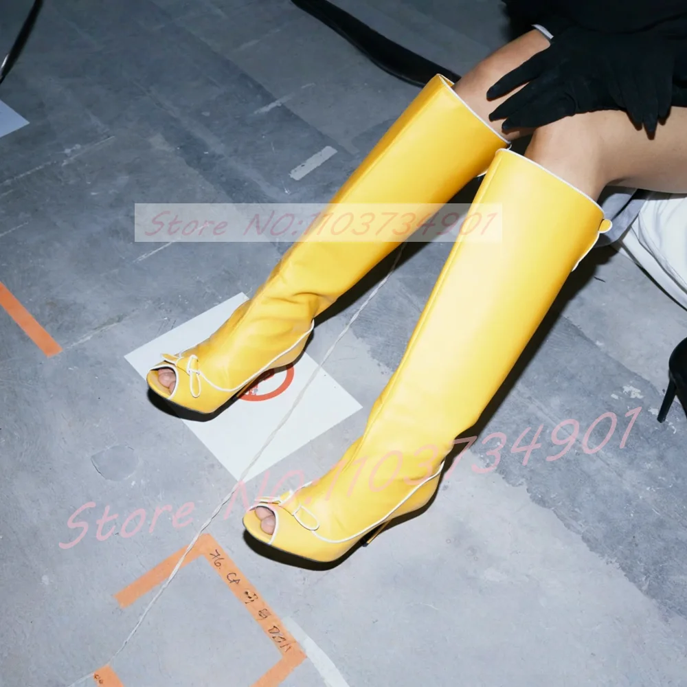 

Women's Yellow Hollow Knee High Boots Runway Bow Peep Toe Wide Stiletto High Heels Boots Ladies Nifty Fashion Events Party Shoes
