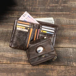 New Genuine Cowhide Leather Airtag Wallet Anti-lost Men Short Coin Purse With Apple Airtags Holder Zipper ID Credit Card Bag
