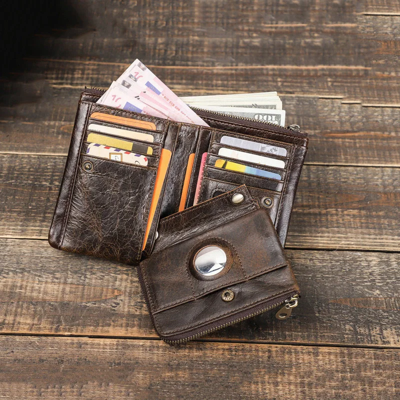 New Genuine Cowhide Leather Airtag Wallet Anti-lost Men Short Coin Purse With Apple Airtags Holder Zipper ID Credit Card Bag