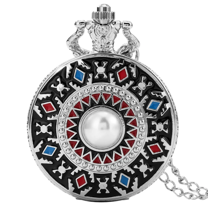 

Retro Silver Enamel Pocket Watch Vintage Ethnic Pattern Quartz Watches with Chain Necklace for Men Women Arabic Number Clock