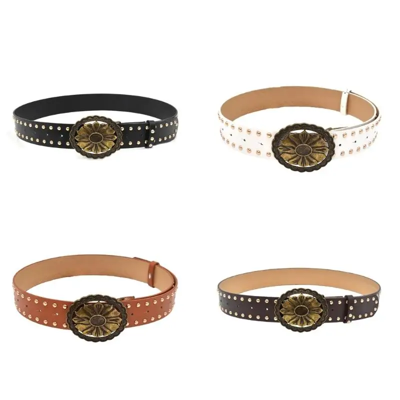 

652F Edgy Punk Rock Women's Waist Belt For Jeans Durable PU Leather Adjustable Strap