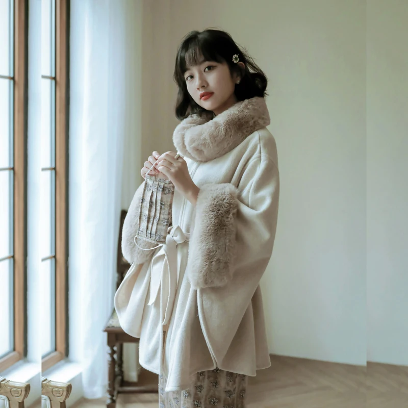 

Теплое однотонное пальто с меховым воротником Batwing Sve, плащ, верхняя одежда в стиле ретро, повседневная одежда, осенне-зимнее модное женское пальто