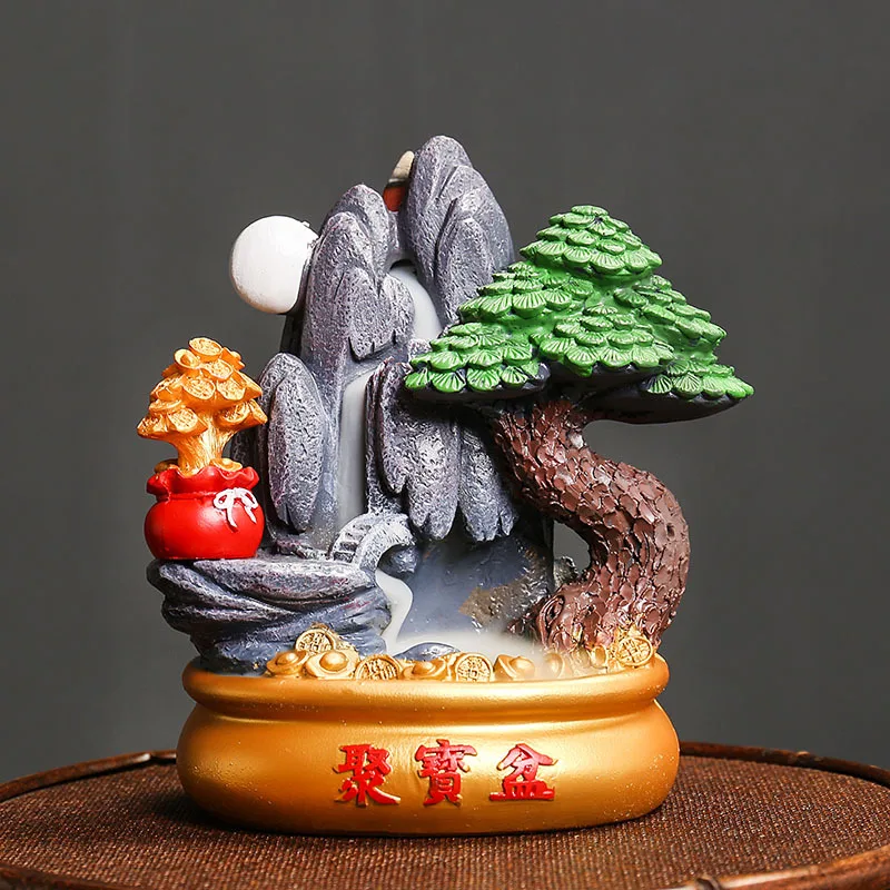 Resin Mountains River Waterfall Incense Burner Holder Smoke Backflow Aroma Incense Censer Cone Fengshui Home Desktop Decoration