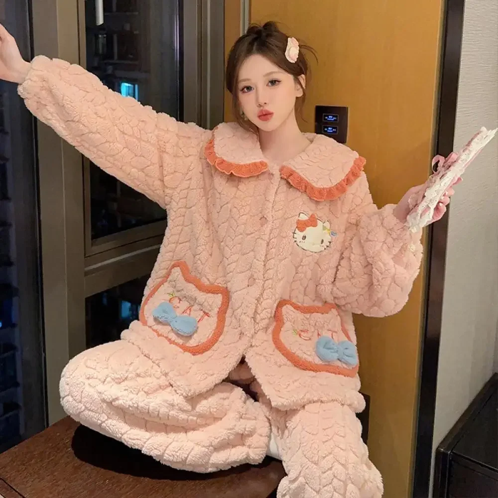 Hachiware Winter Large Size 2Pcs Plush Pajama Set Kuromi Sanrioed Women Anime Cartoon Thicken Warm Coral Fleece Home Clothes