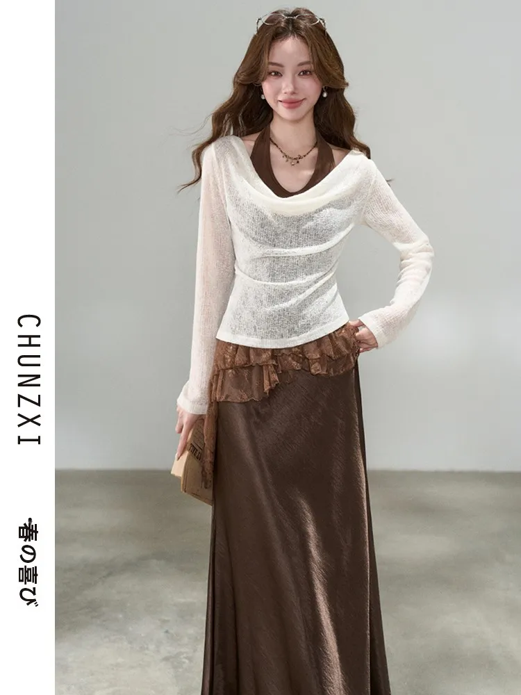 

Chic Lightweight Knitted Set Women's New Sle Svel High Ne Top with f Skirt Faionable Casual Workwear