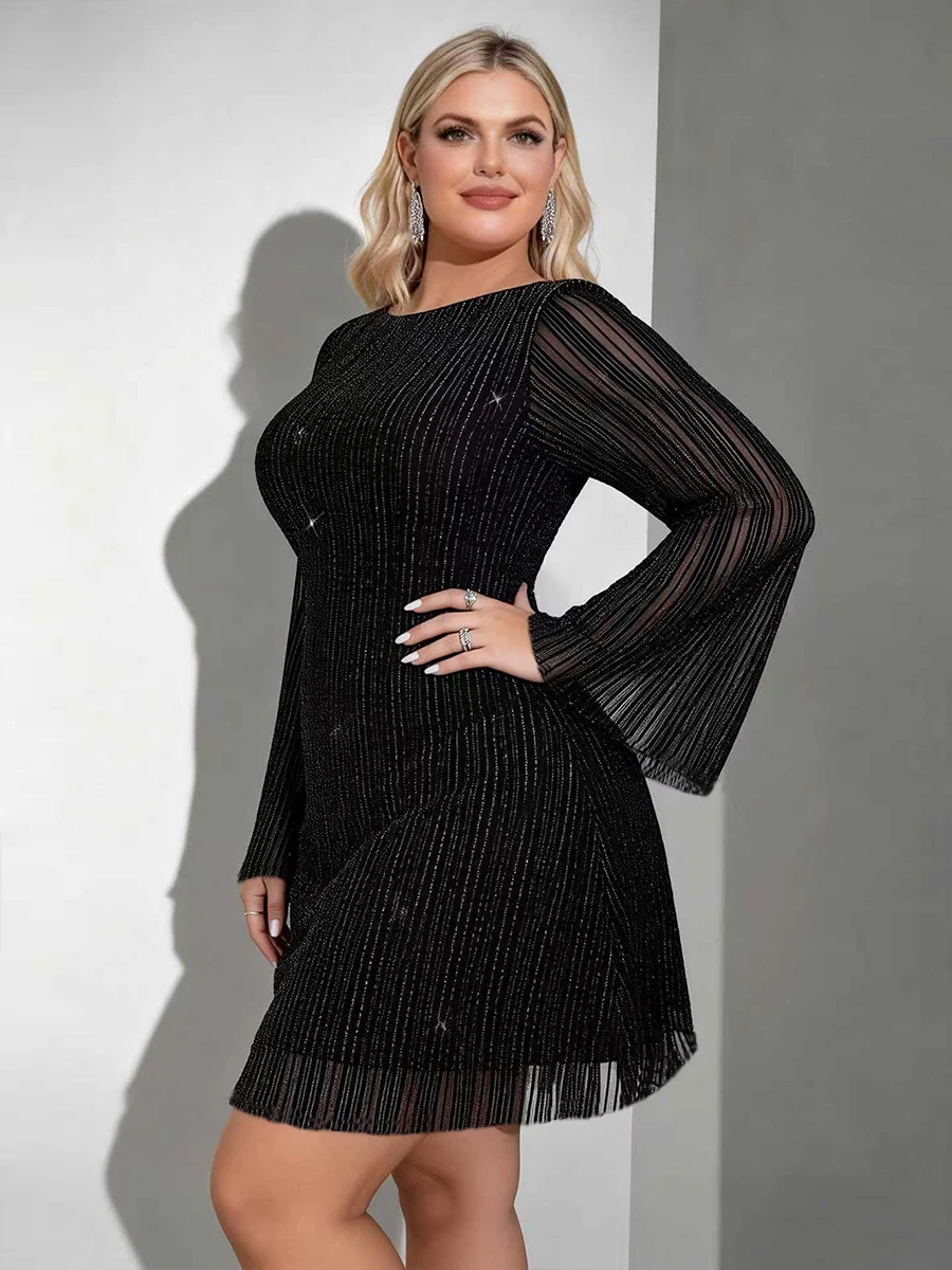 Plus Size Women Black Glitter Striped Bell Sleeve Mini Dress High Waist Slimming A Line Party Cocktail Short Dress