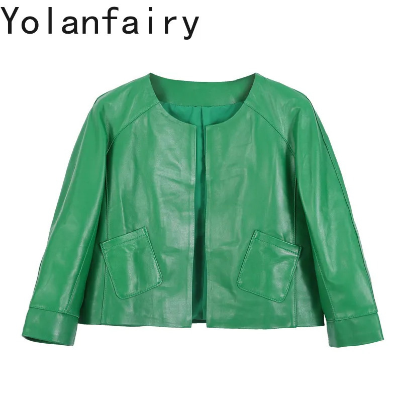 

YOLANFAIRY Genuine Leather Jacket Women Autumn Short Real Sheepskin Coat Elegant O-neck Fashion Green Leather Jackets Chaquetas