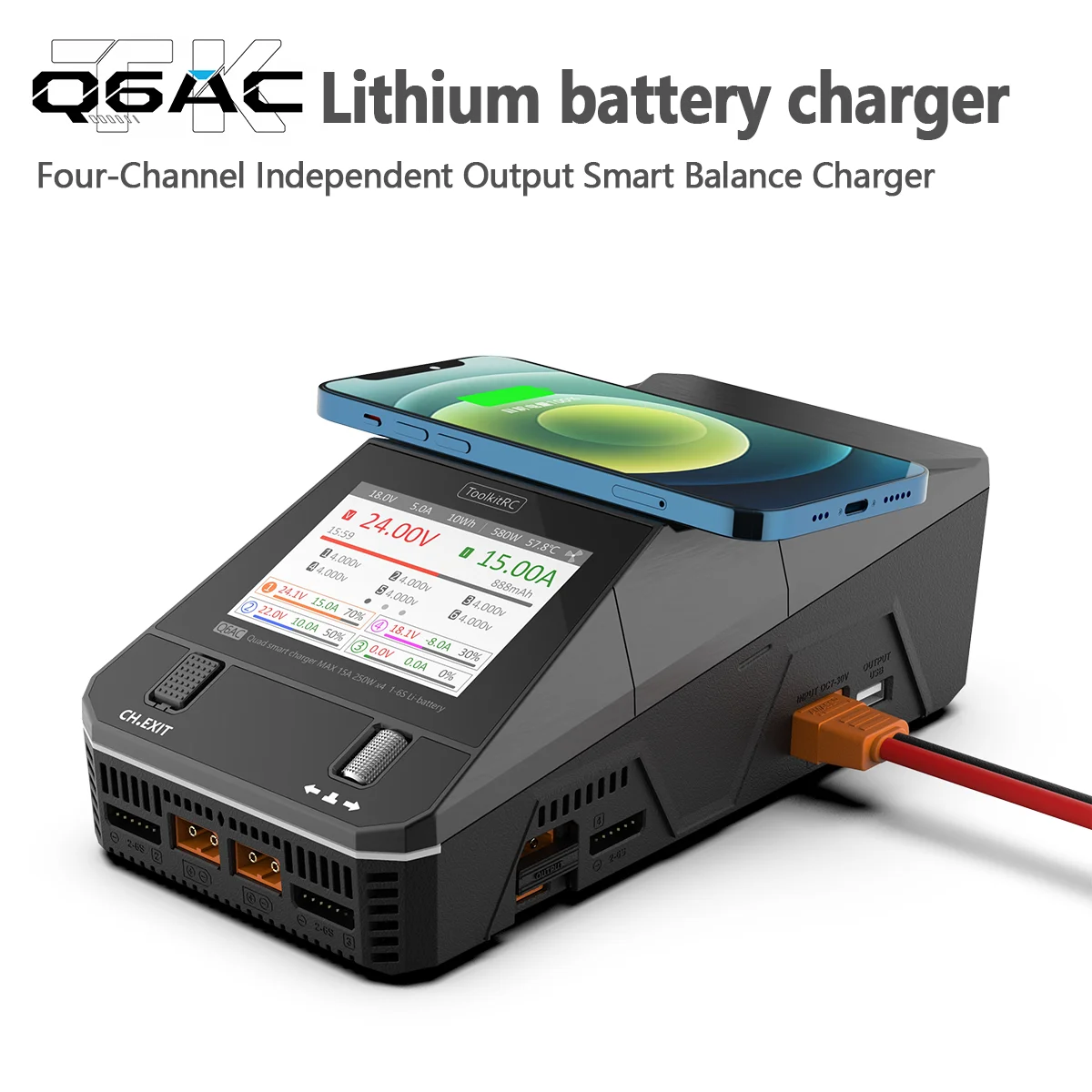 ToolkitRC Q6AC AC 400W DC 1000W 4CH Smart Charger Fast Charging XT60 65W USB C Wireless for 1S 6S LiPo RC FPV Drone Car