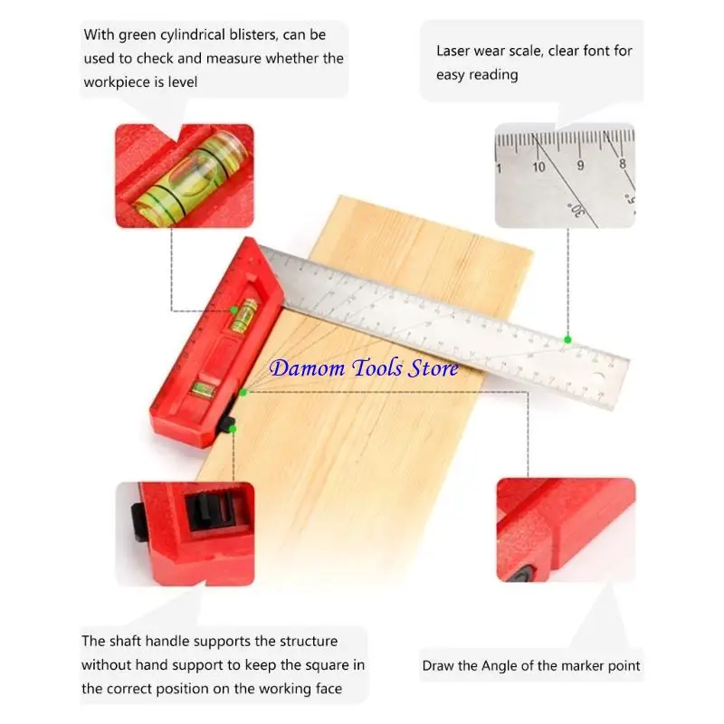 

57BE StainlessSteel Square Angles Ruler 45/90 Degree 200mm 300mm 400mm Combination Measuring Square with Bubble Level