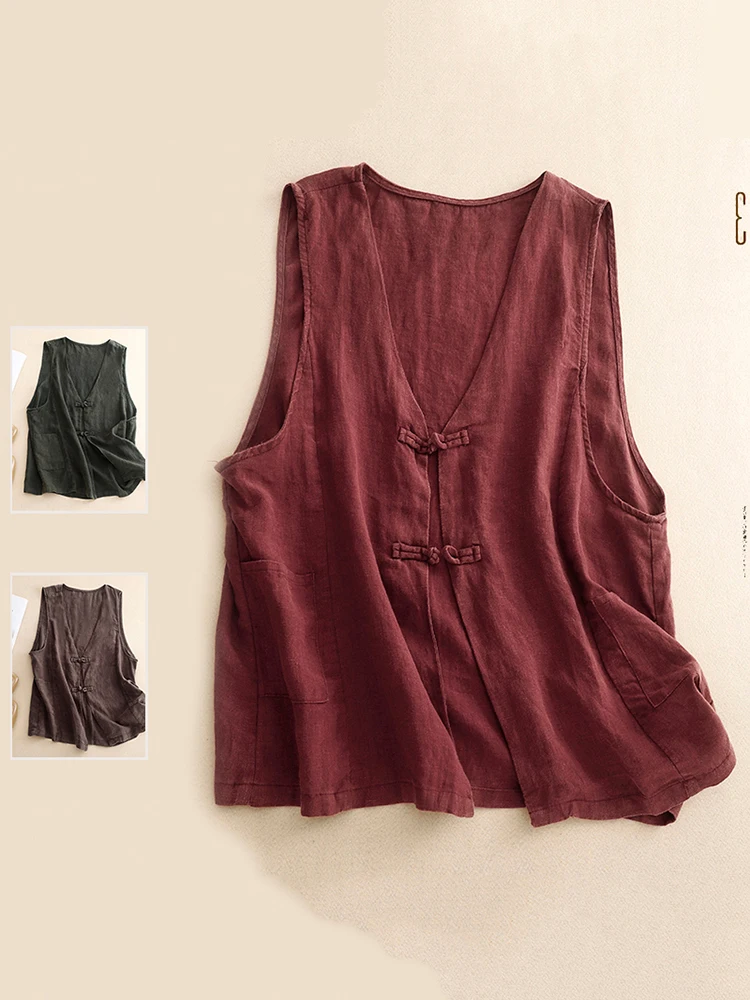 

Retro Cotton Linen Workwear Vest Double ket V-ne Slimming Versatile Women's Jaet Spring Summer Casual Loose Fit