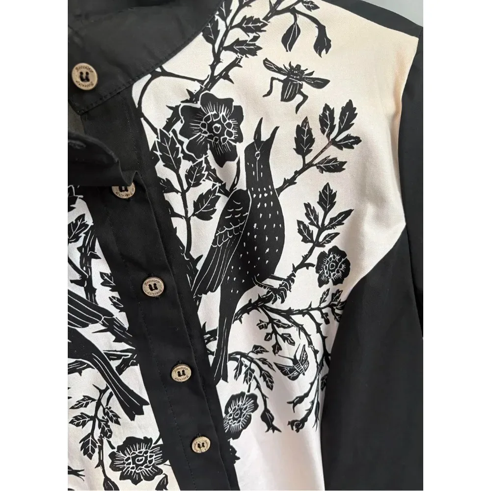 นกและดอกไม้พิมพ์ผู้หญิงชุดคาวบอยตะวันตกแขนสั้นปุ่มลงผ้าฝ้าย 100% เซ็กซี่ชุดลําลองบางชุดสีชมพู