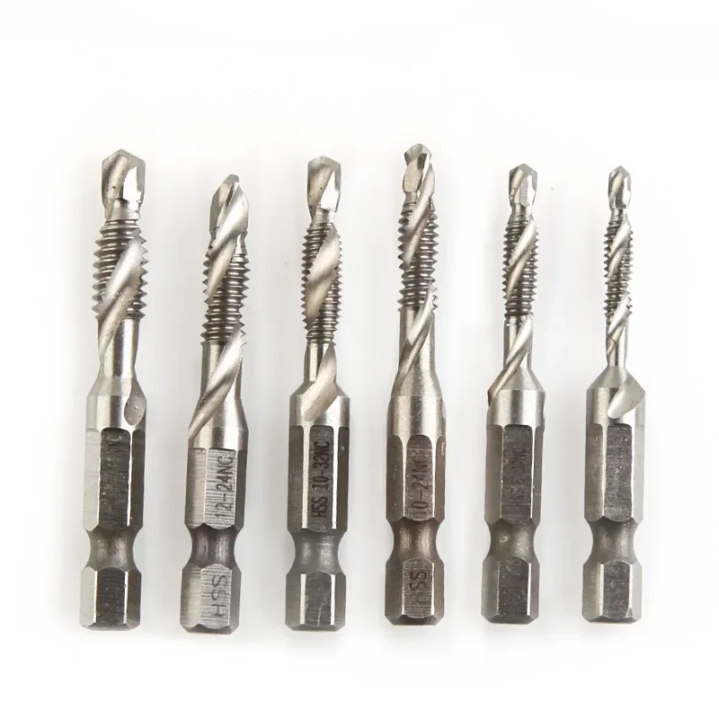 

6pc/set 1/4" 6.35mm Hex Shank HSS Drill Bits Screw Thread Imperial Spiral Hand Plug Wire Tap Drilling Tapping Cutting Set
