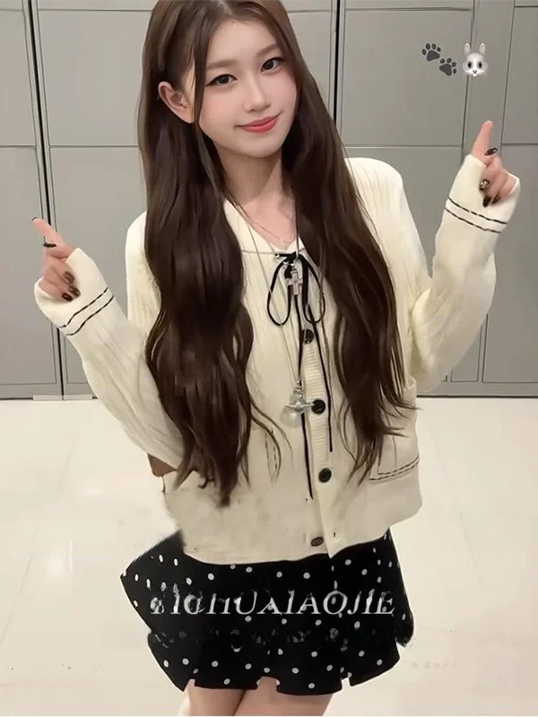 

Корейский длинный вязаный открытый кардиган с кукольным воротником и поясом, женский осенне-зимний новый Bla с высокой талией в горошек...