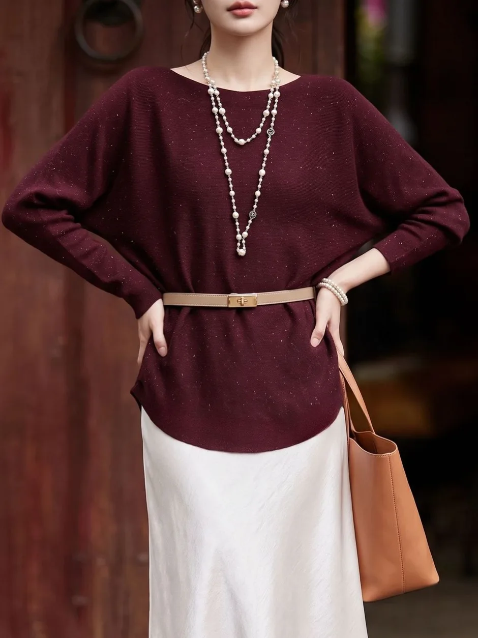 French Elegant Purple Shimmer Knit Top Women Boat Neck Batwing Long Sleeve Curved Hem Knitted Blouse Commuter Warming Sweater