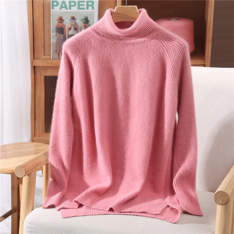 

Basic 100% Mink Cashmere High Neck Sweater Pullover Long Sleeves Solid Color Women Comfortable Warm Soft Fashion Clothing Top