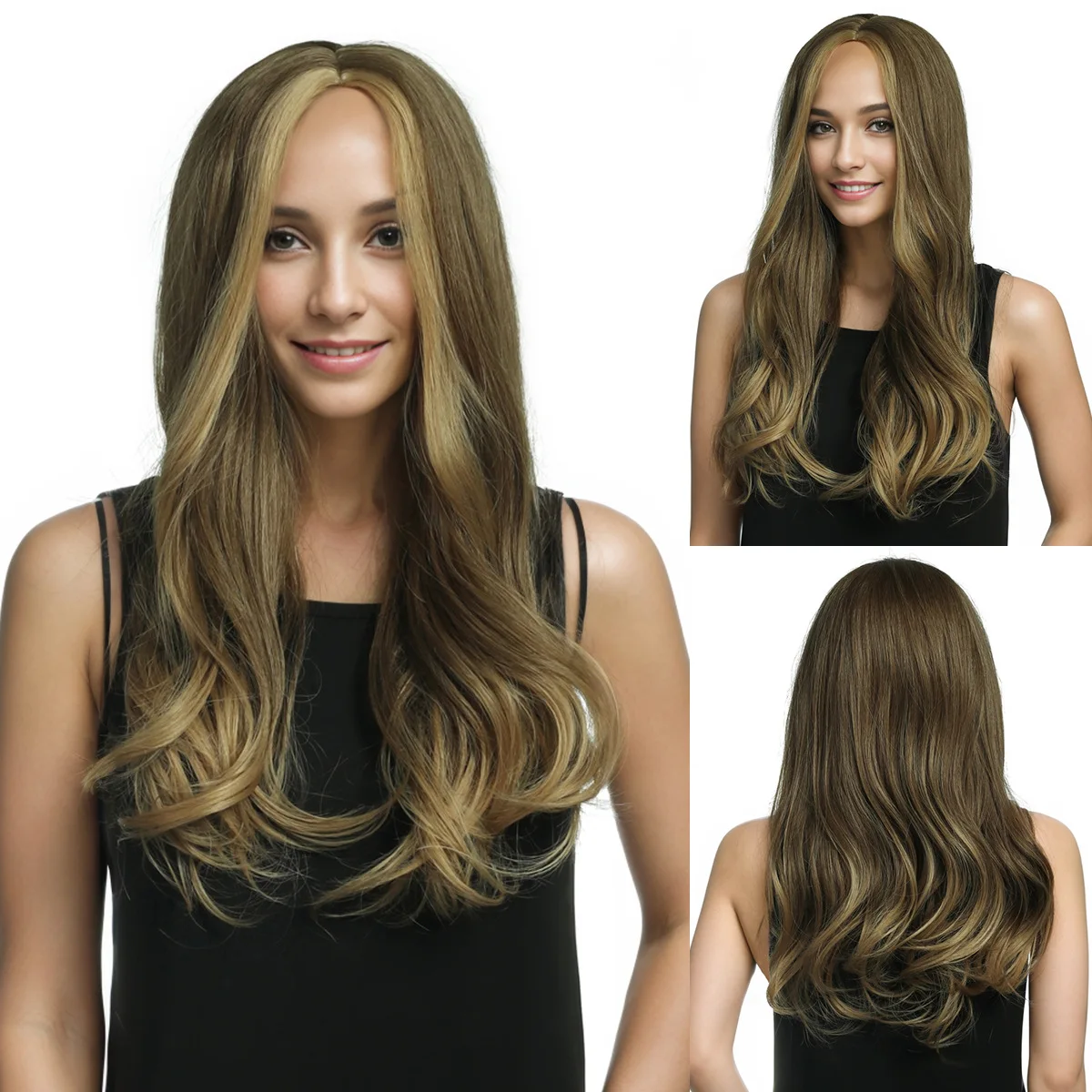 European and American women's wig with gradient golden brown large wave wig-Synthetic fiber wig