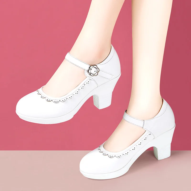 5.5cm 7cm Shallow Mouth Women\'s Soft Leather Mary Janes Platform Shoes 2026 Spring Med Block Heels Shoes for Office Dance Mom