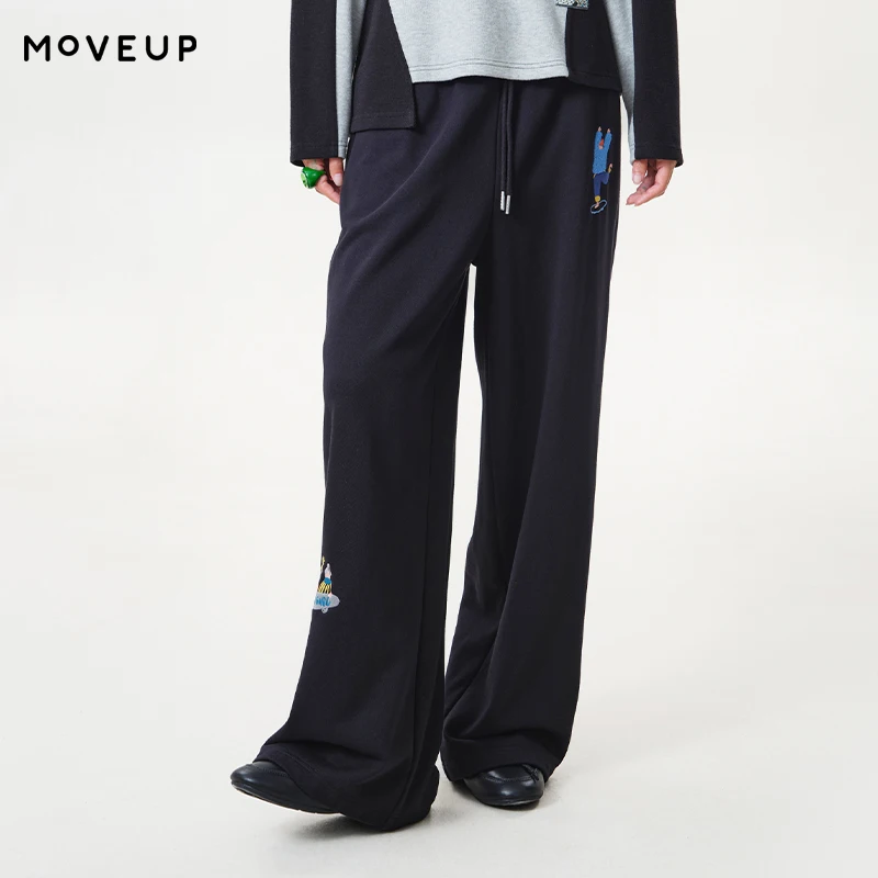 MOVEUP Elastic Waist Wide‑Leg Pants Autumn Cartoon Figure Embroidery Multi‑Pocket Loose Casual Straight‑Leg Trousers 3ELQ10109