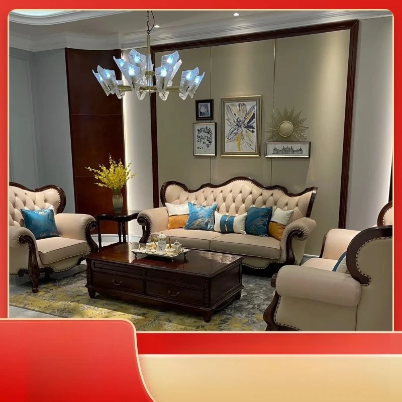 Classic American retro country leather sofa, villa living room simple and beautiful wood carving flower furniture