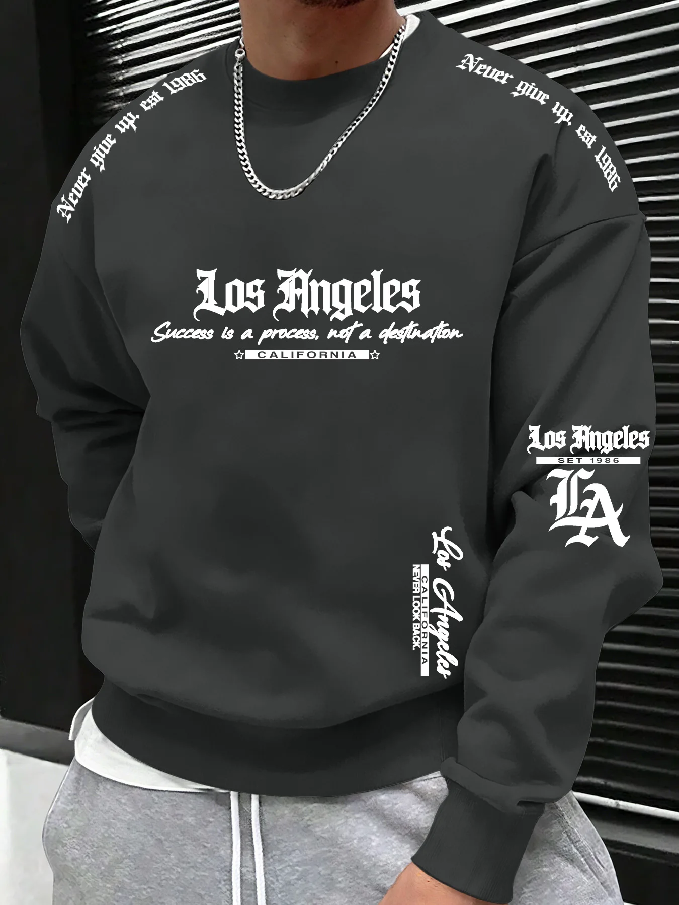 Herren Casual Rundhals-Langarmshirt, Los Angeles Gothic-Schriftzug-Slogan-Grafikdruck-Sweatshirt, S-XXL – Detail 6