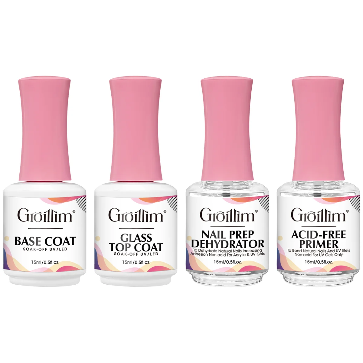 

Набор для профессиональной подготовки ногтей из 4 предметов по 15 мл: включает набор из 4 верхних и базовых покрытий, а также дегидратирующее средство и средство без кислот.