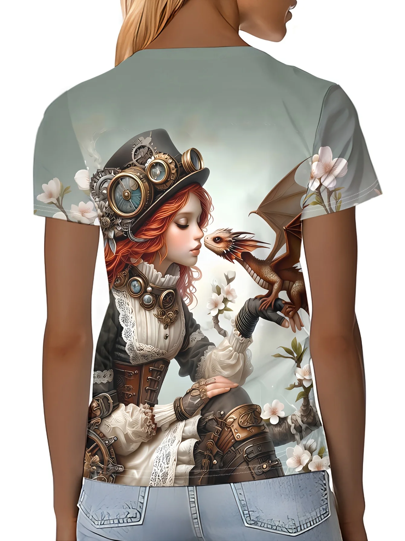 Women Crew Neck Short Sleeve T‑Shirt, Steampunk Girl With Baby Dragon Fantasy Art Graphic Tee